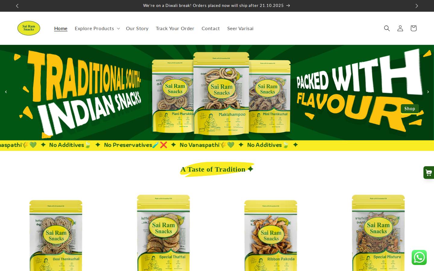 sairamsnacks.com homepage screenshot