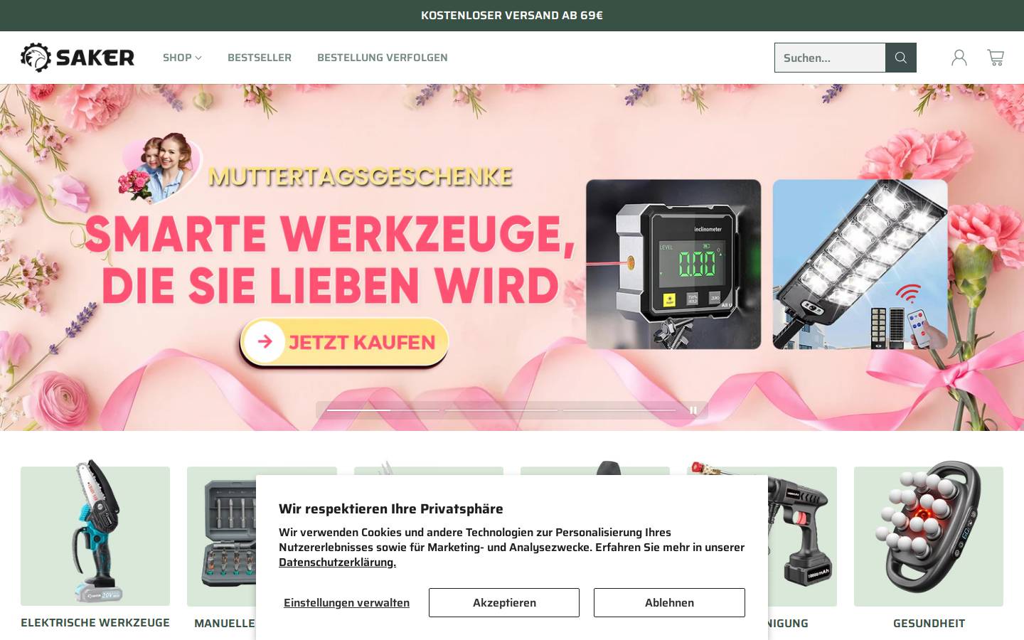 Saker homepage screenshot