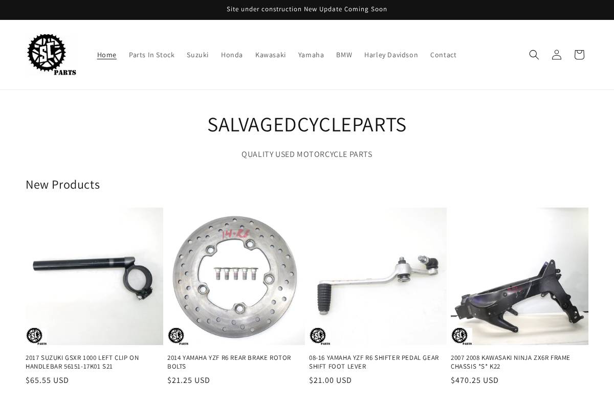 salvagedcycleparts.com homepage screenshot