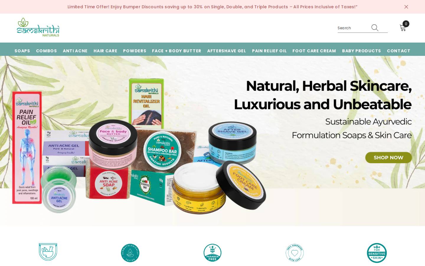 samskrithinaturals.com homepage screenshot