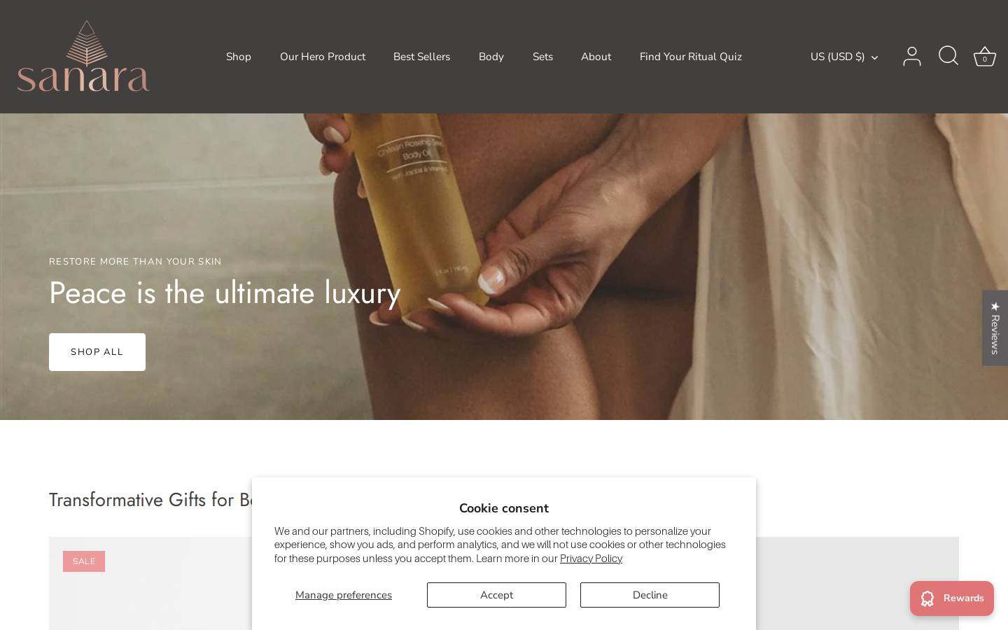 sanaraskincare.com homepage screenshot