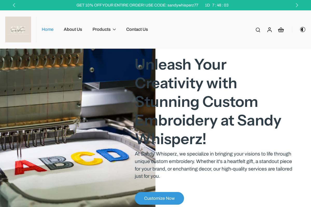 sandywhisperzembroidery.com homepage screenshot