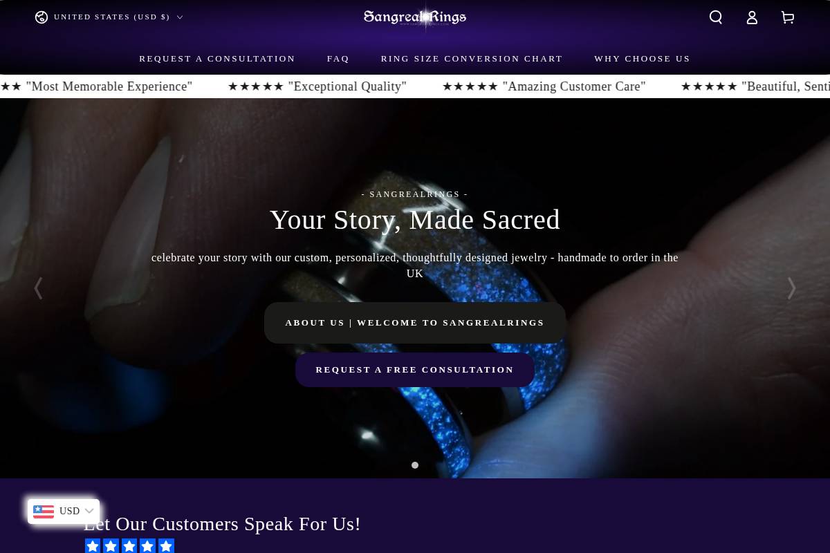 sangrealrings.com homepage screenshot