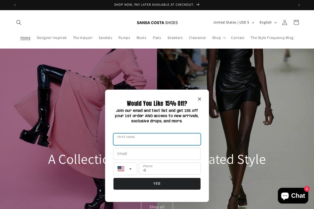 sansacostashoes.com homepage screenshot