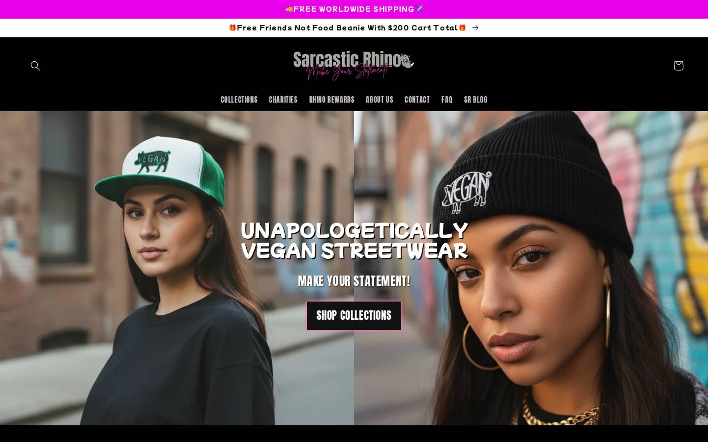 sarcasticrhinoveganapparel.com homepage screenshot