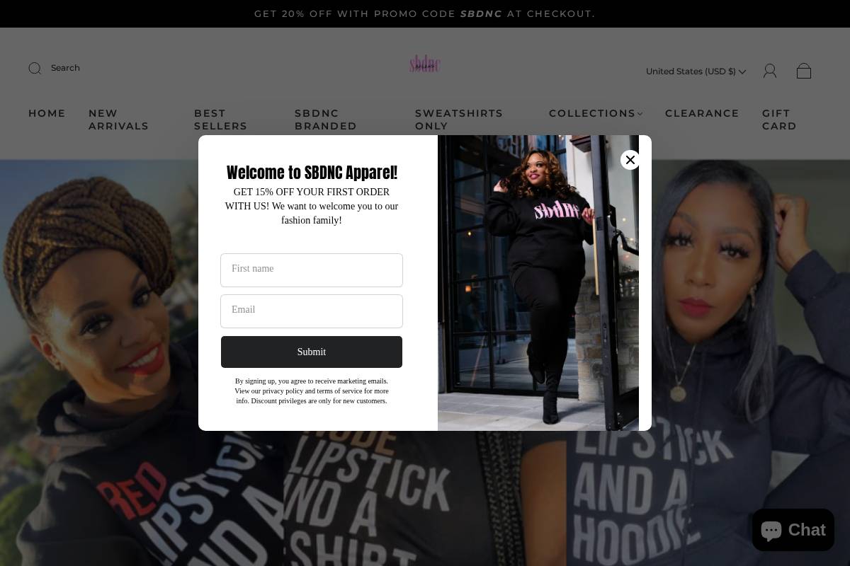 sbdncapparel.com homepage screenshot