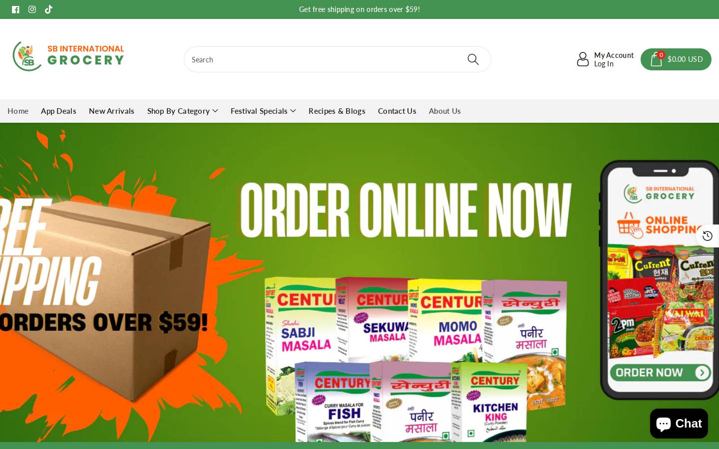 sbinternationalgrocery.com homepage screenshot