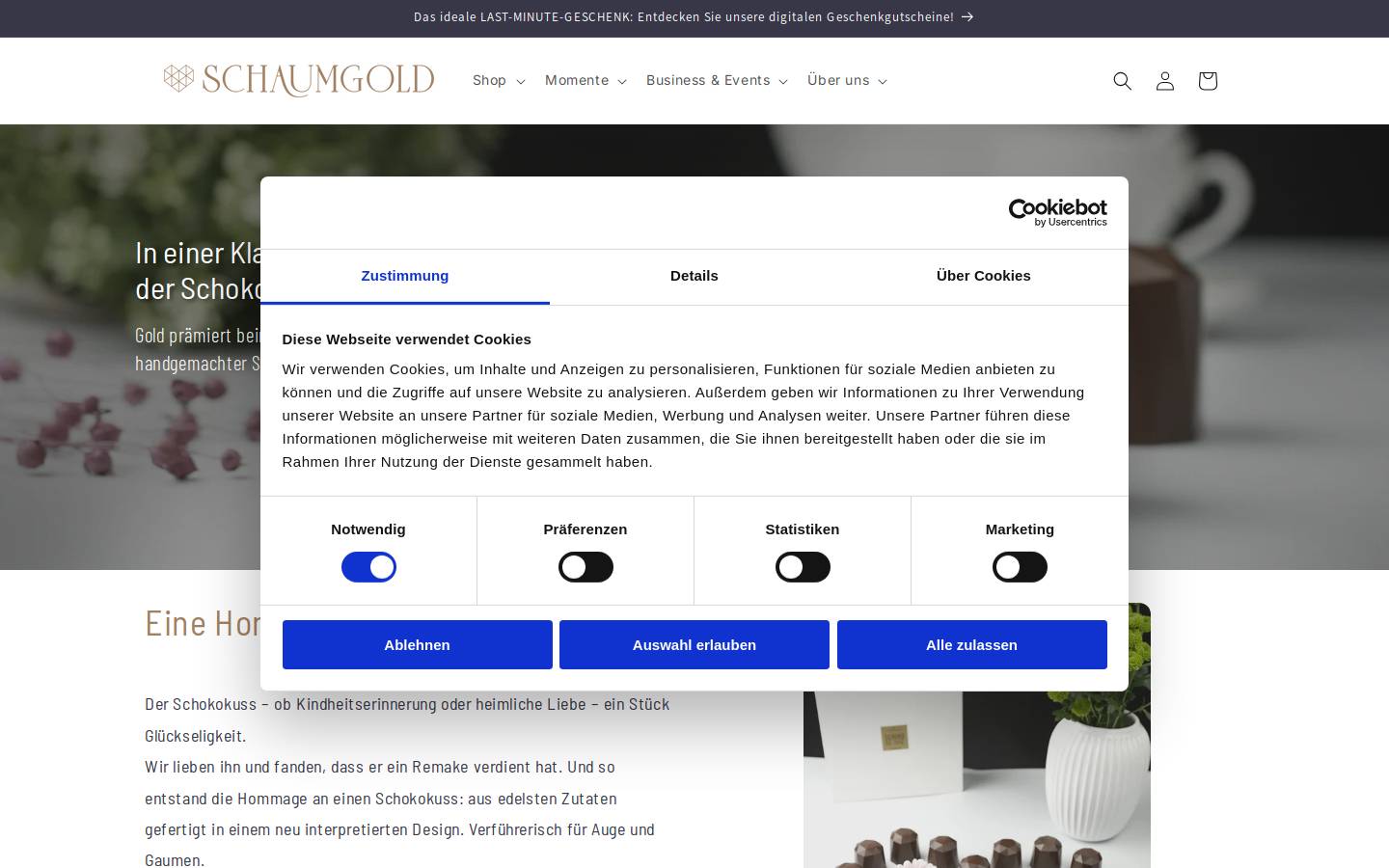 Schaumgold Schokokuss Manufaktur homepage screenshot