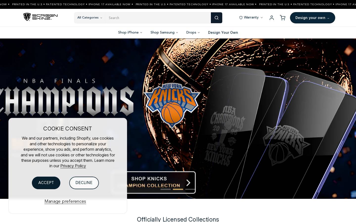 screenskinz.com homepage screenshot