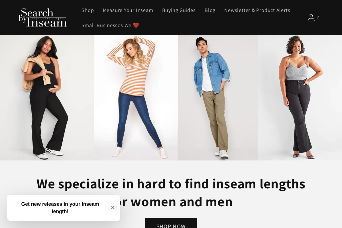 Search By Inseam homepage screenshot