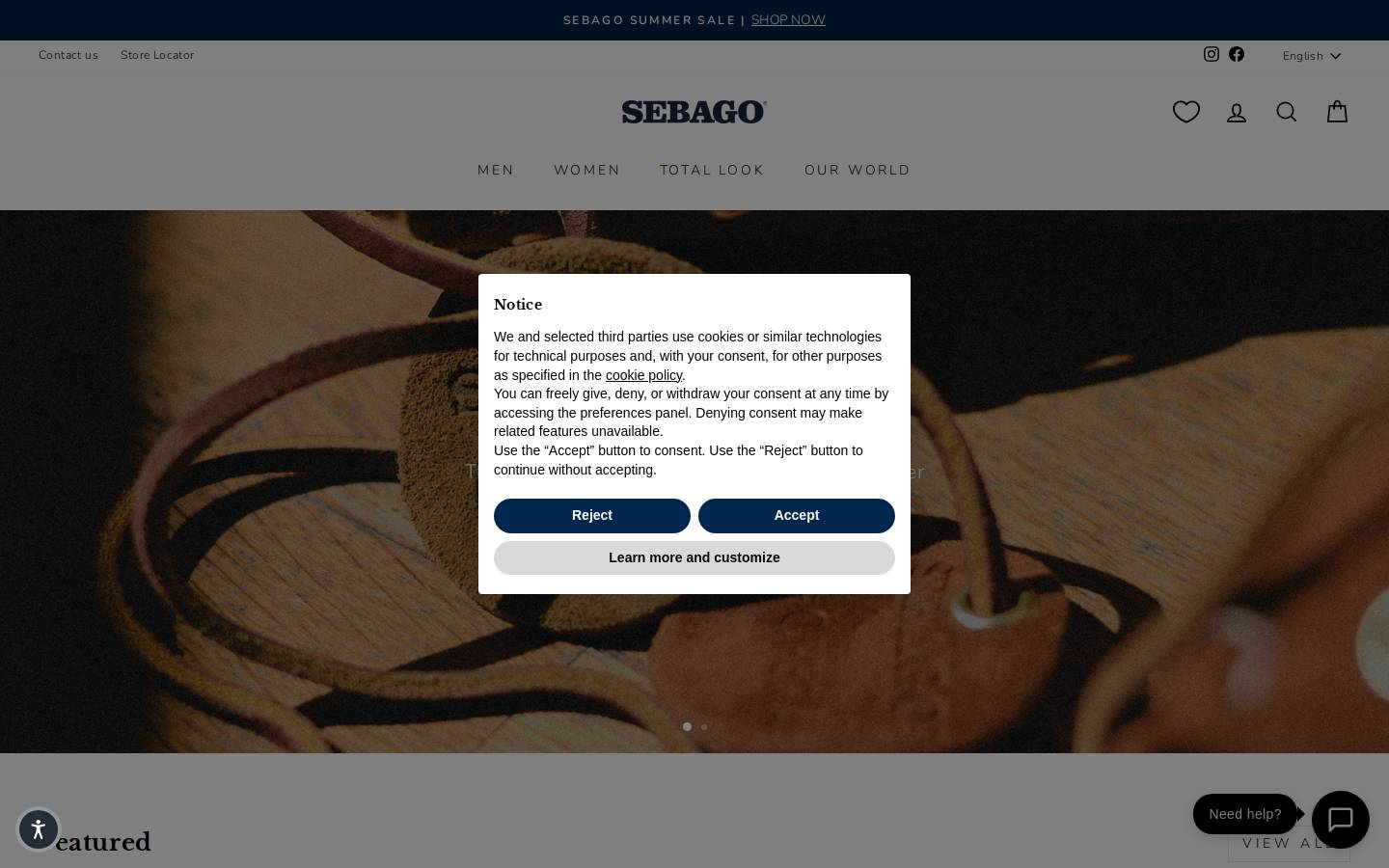 Sebago homepage screenshot