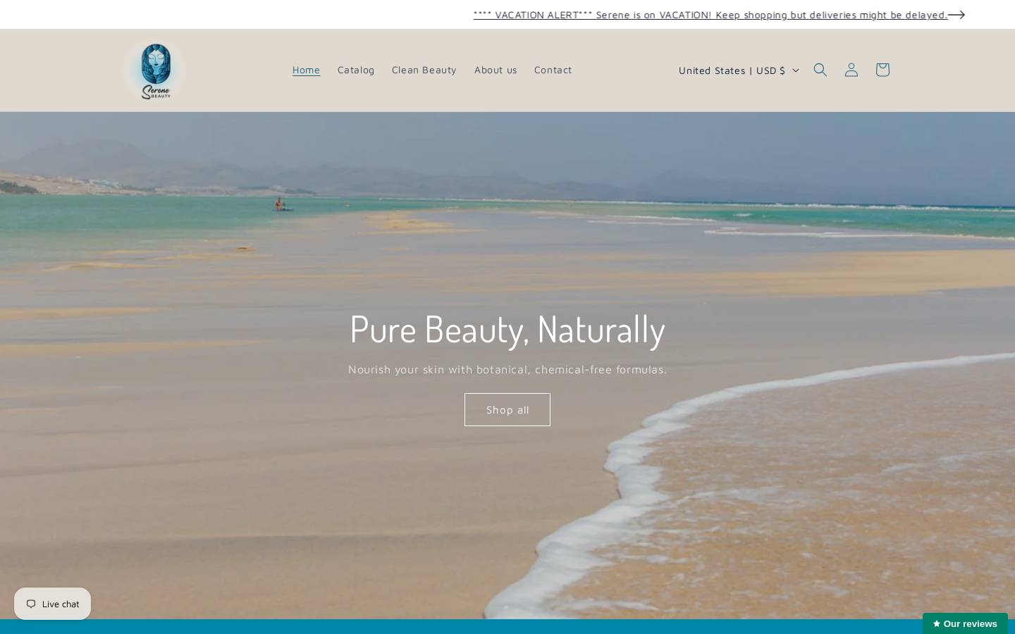 serenebeautystore.com homepage screenshot