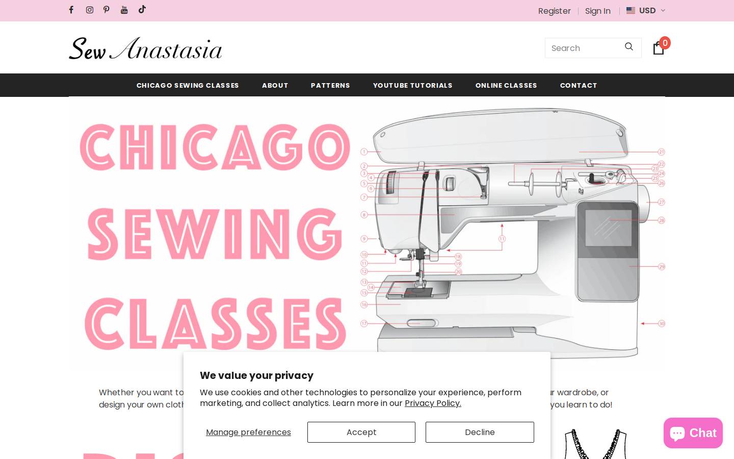 sewingclasschicago.com homepage screenshot