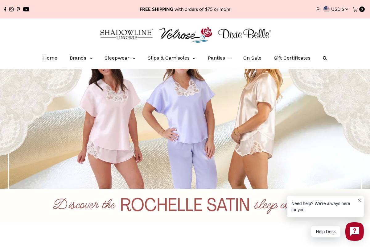 Shadowline Lingerie homepage screenshot