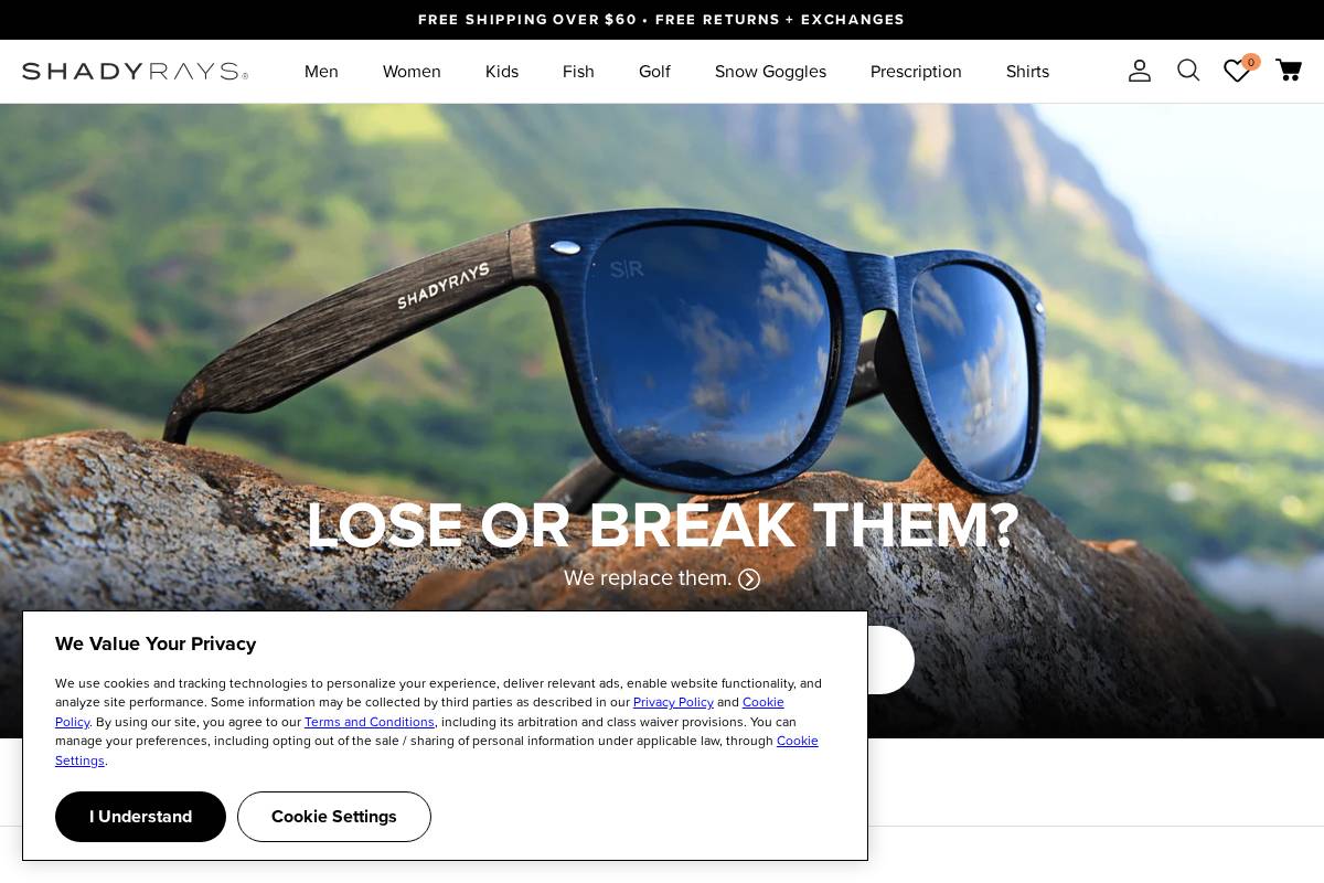 Shady Rays homepage screenshot