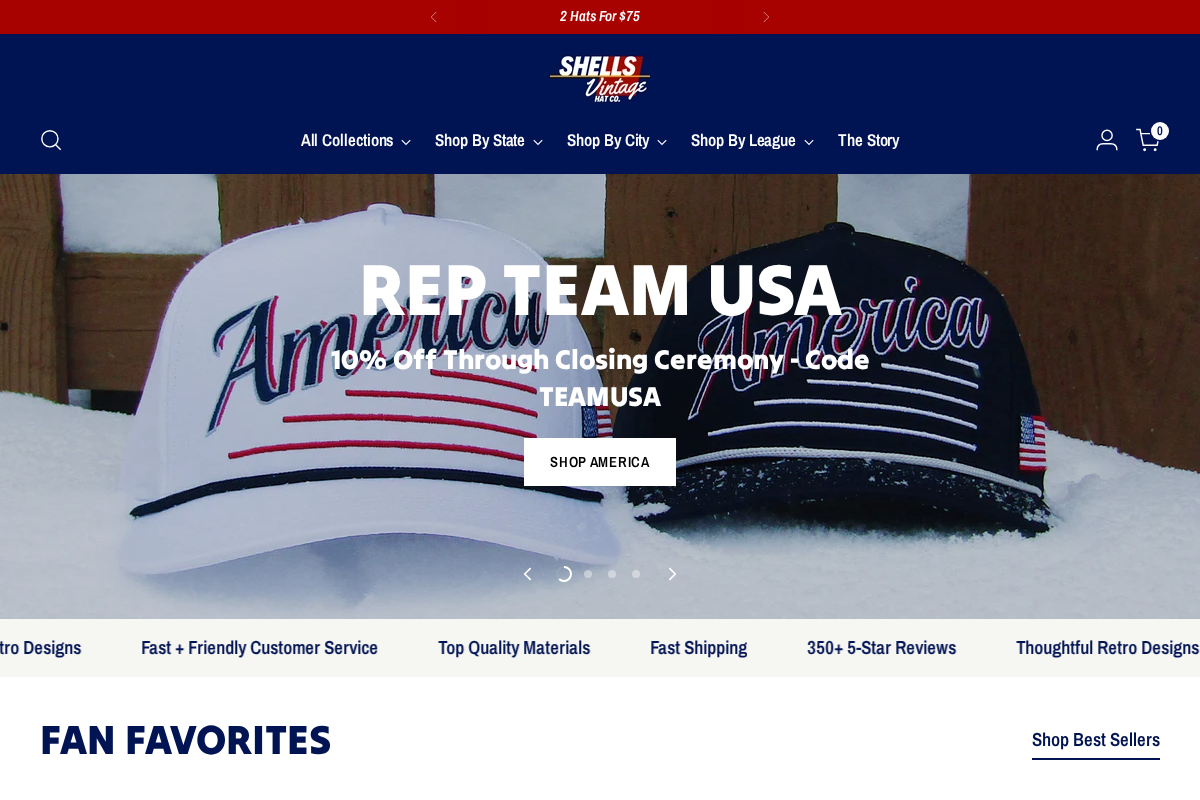 Shells Vintage Hat Co. homepage screenshot