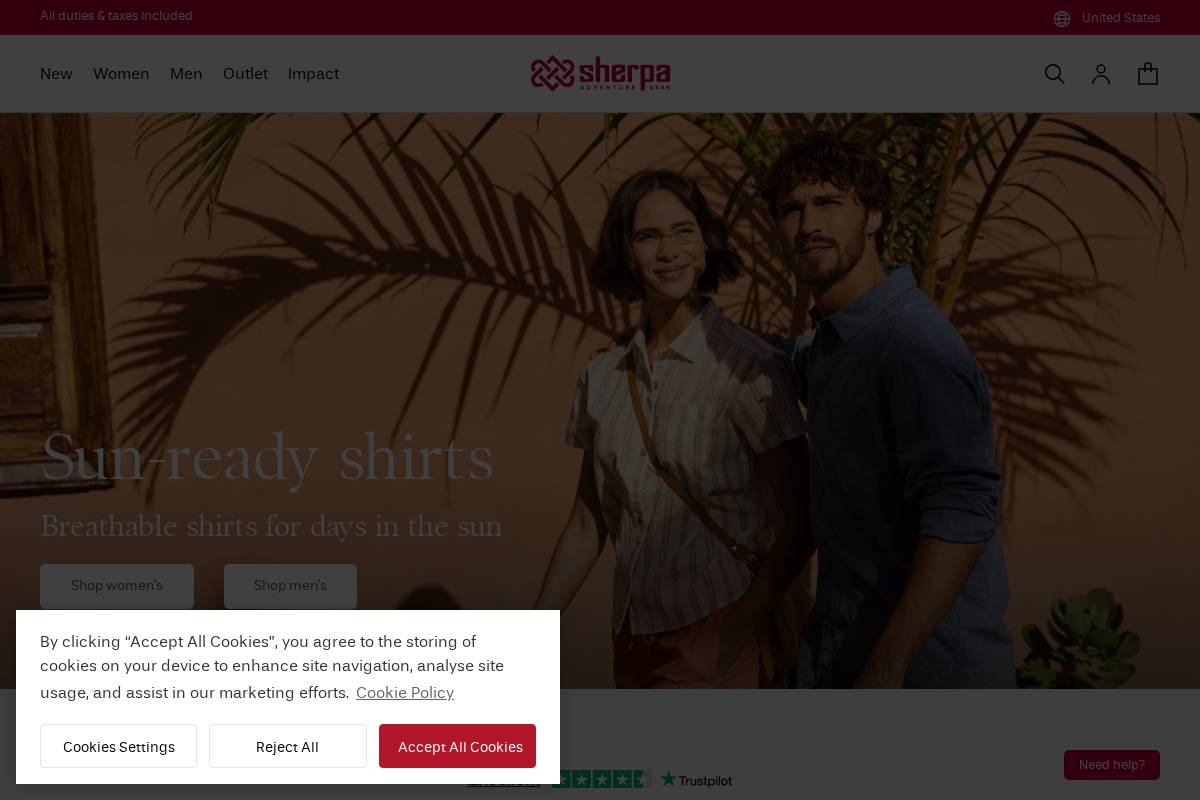 Sherpa Adventure Gear homepage screenshot