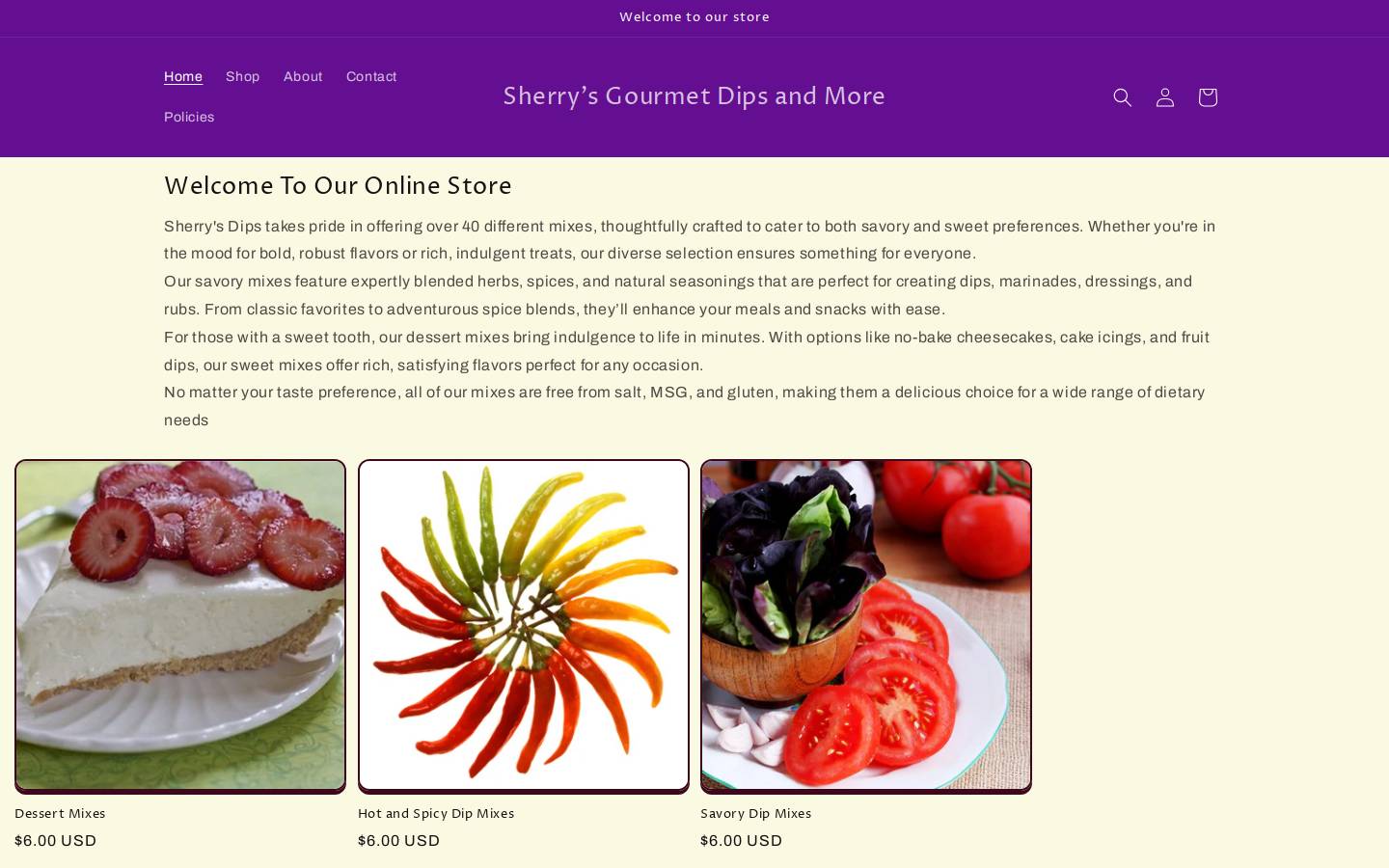 sherrysdips.com homepage screenshot