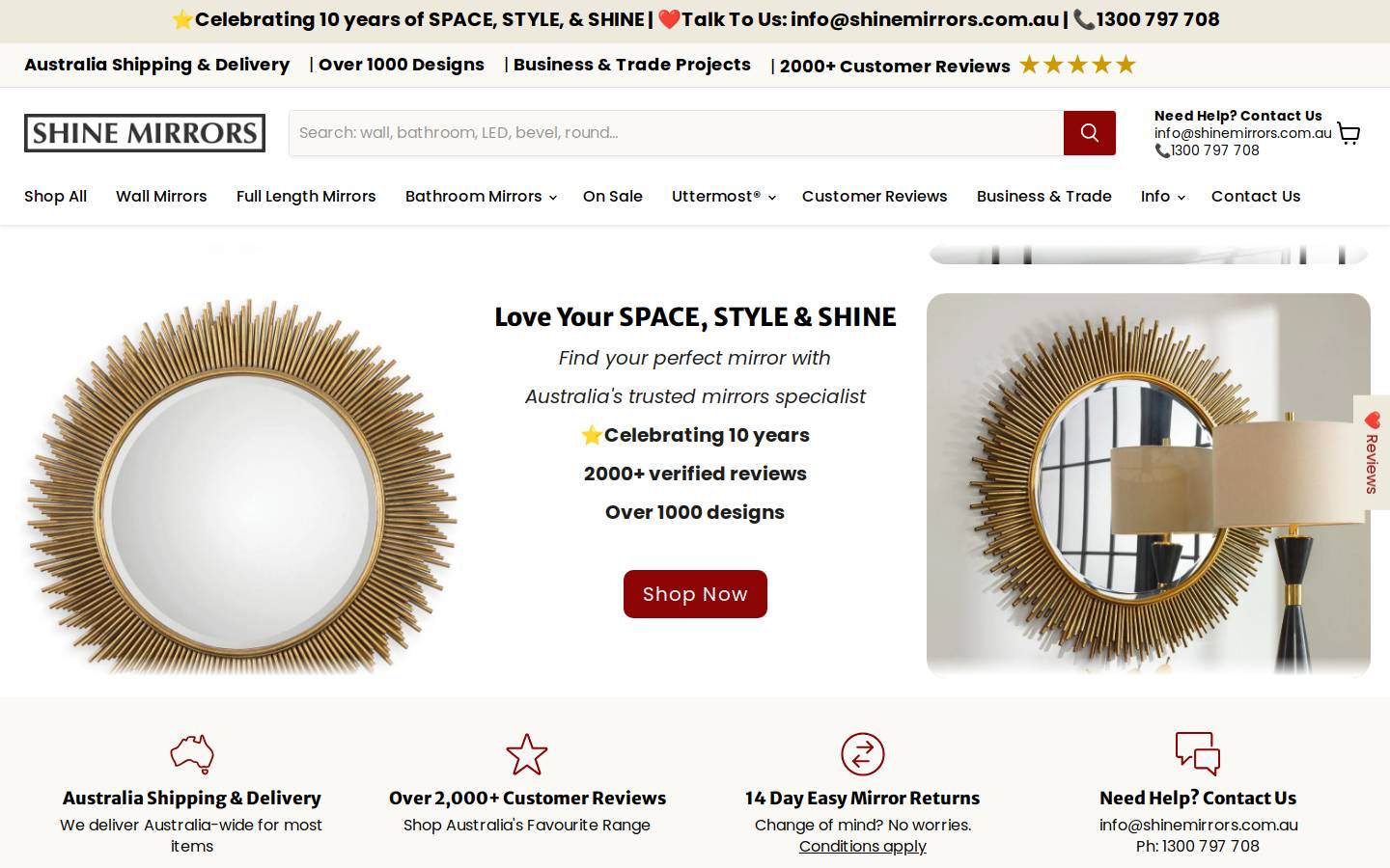 shinemirrors.com.au homepage screenshot