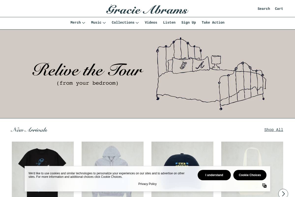 shop.gracieabrams.com homepage screenshot