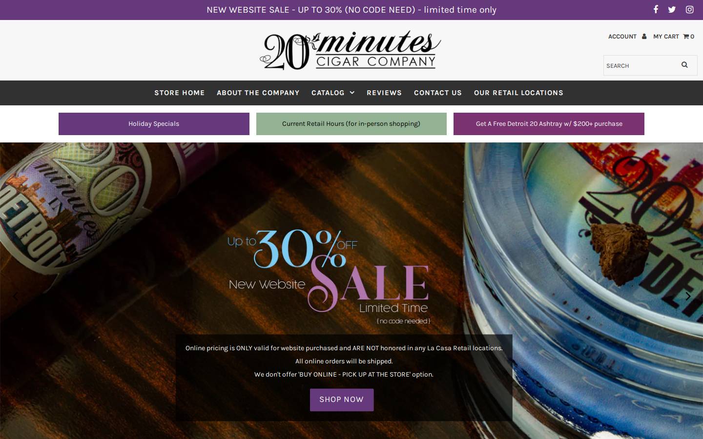 shop20minutecigars.com homepage screenshot