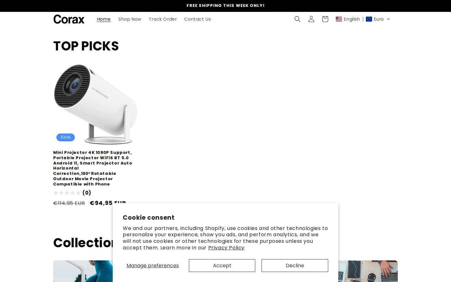 shopcorax.com homepage screenshot