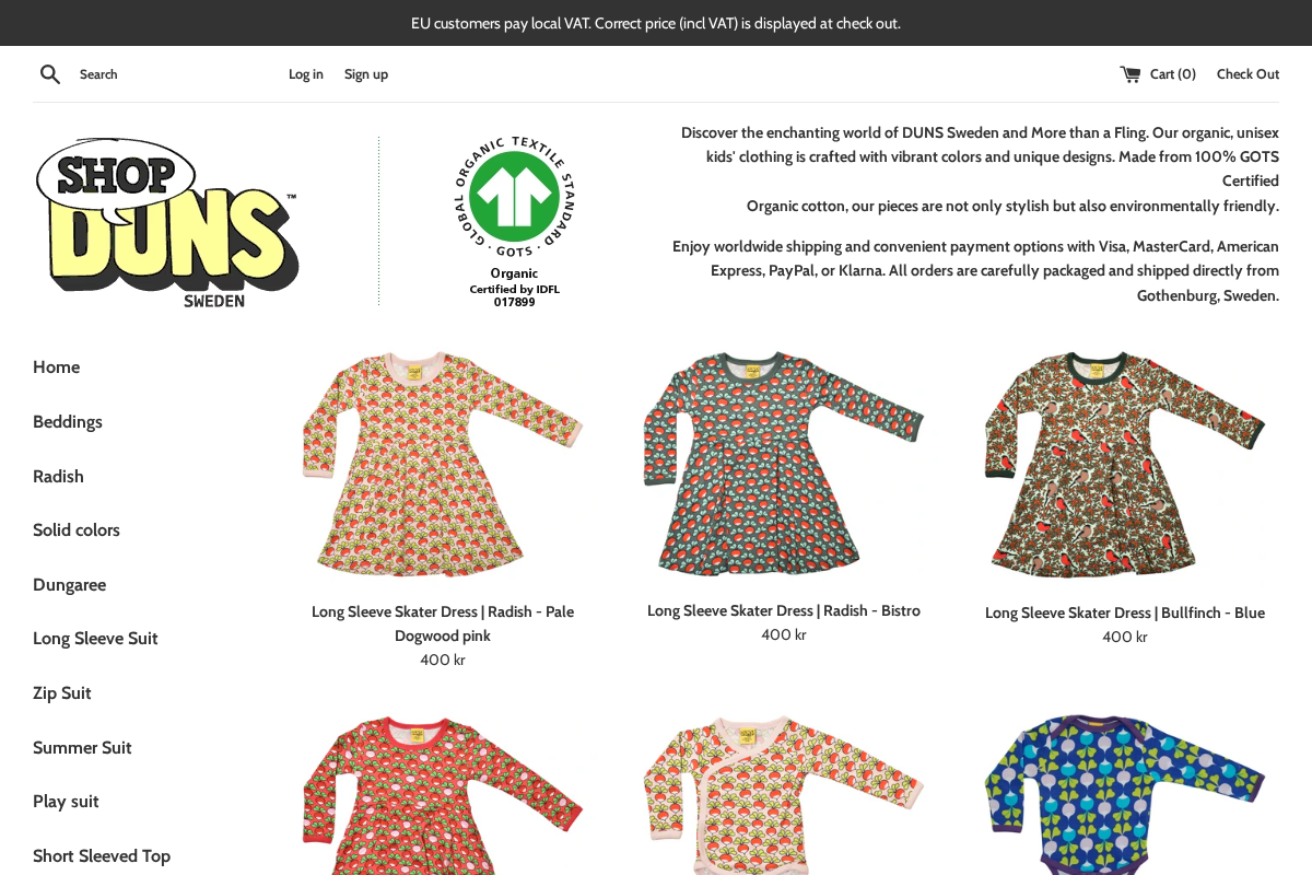Shopdunssweden homepage screenshot