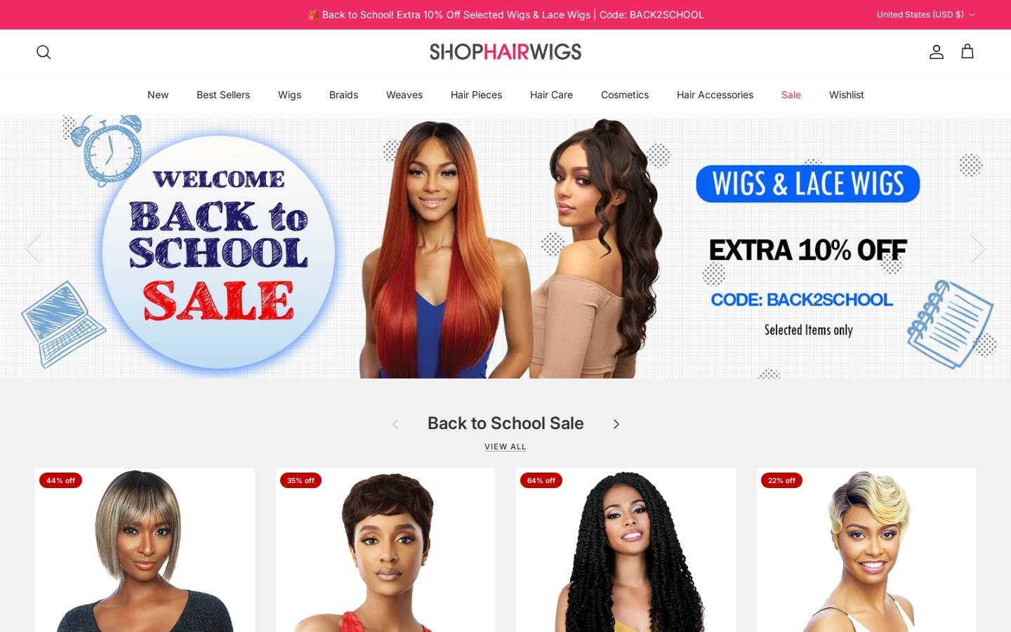 ShopHairWigs homepage screenshot