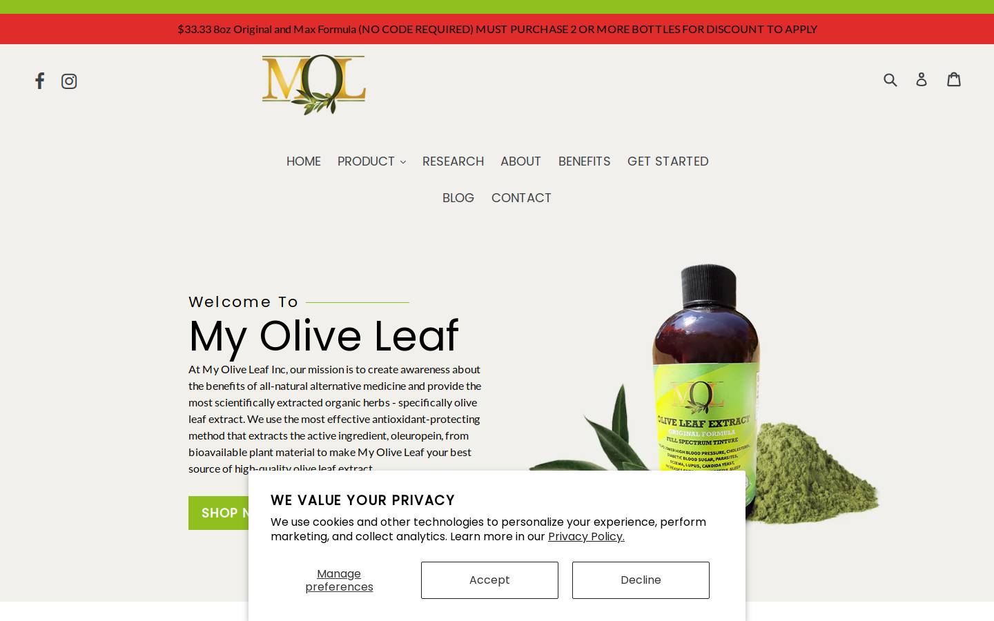 shopmyoliveleaf.com homepage screenshot