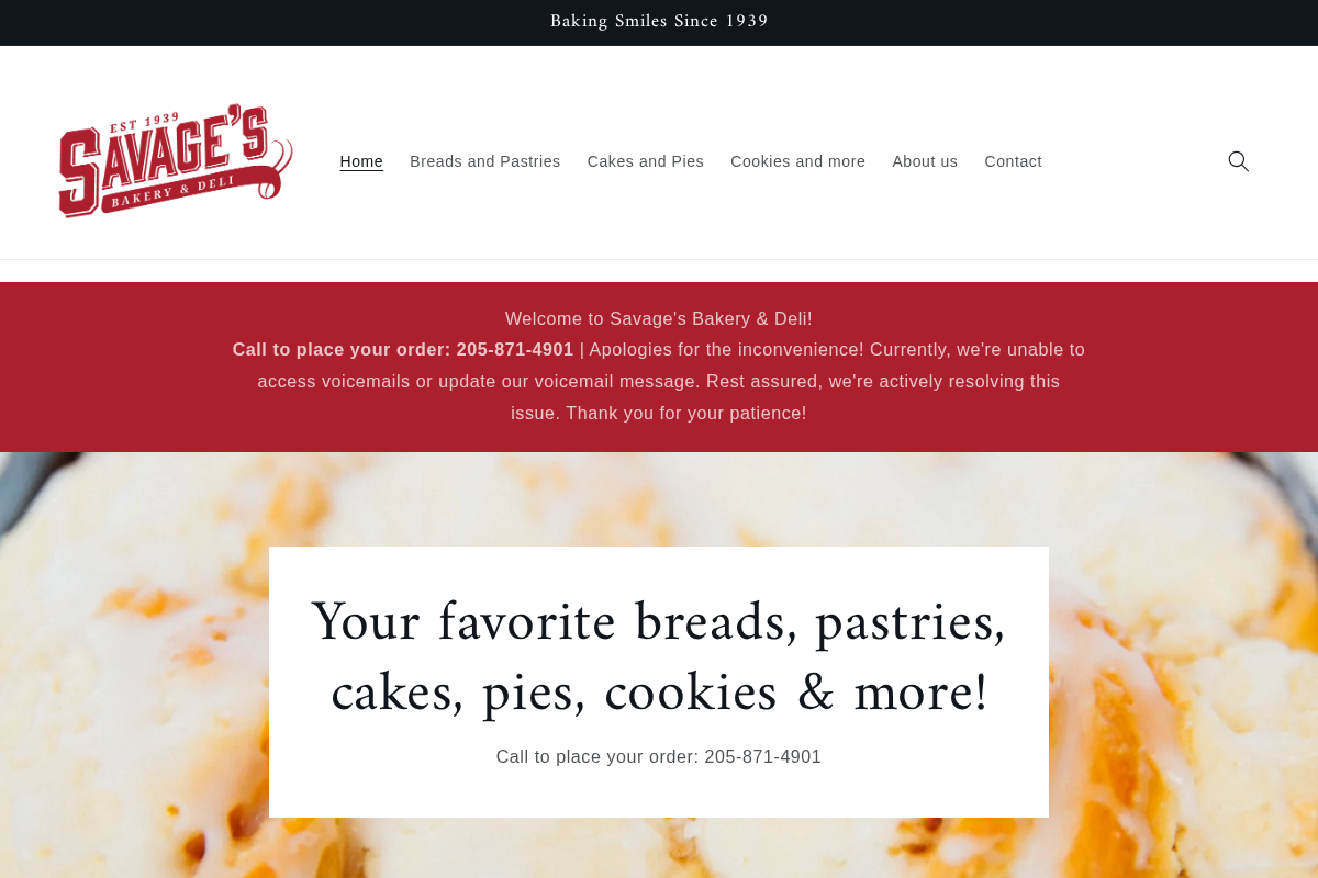 Savage's Bakery homepage screenshot