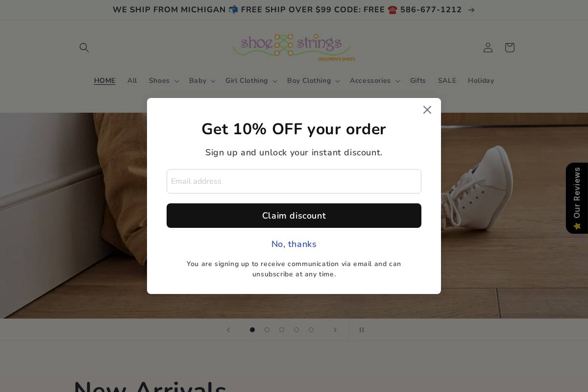 shopshoestrings.com homepage screenshot