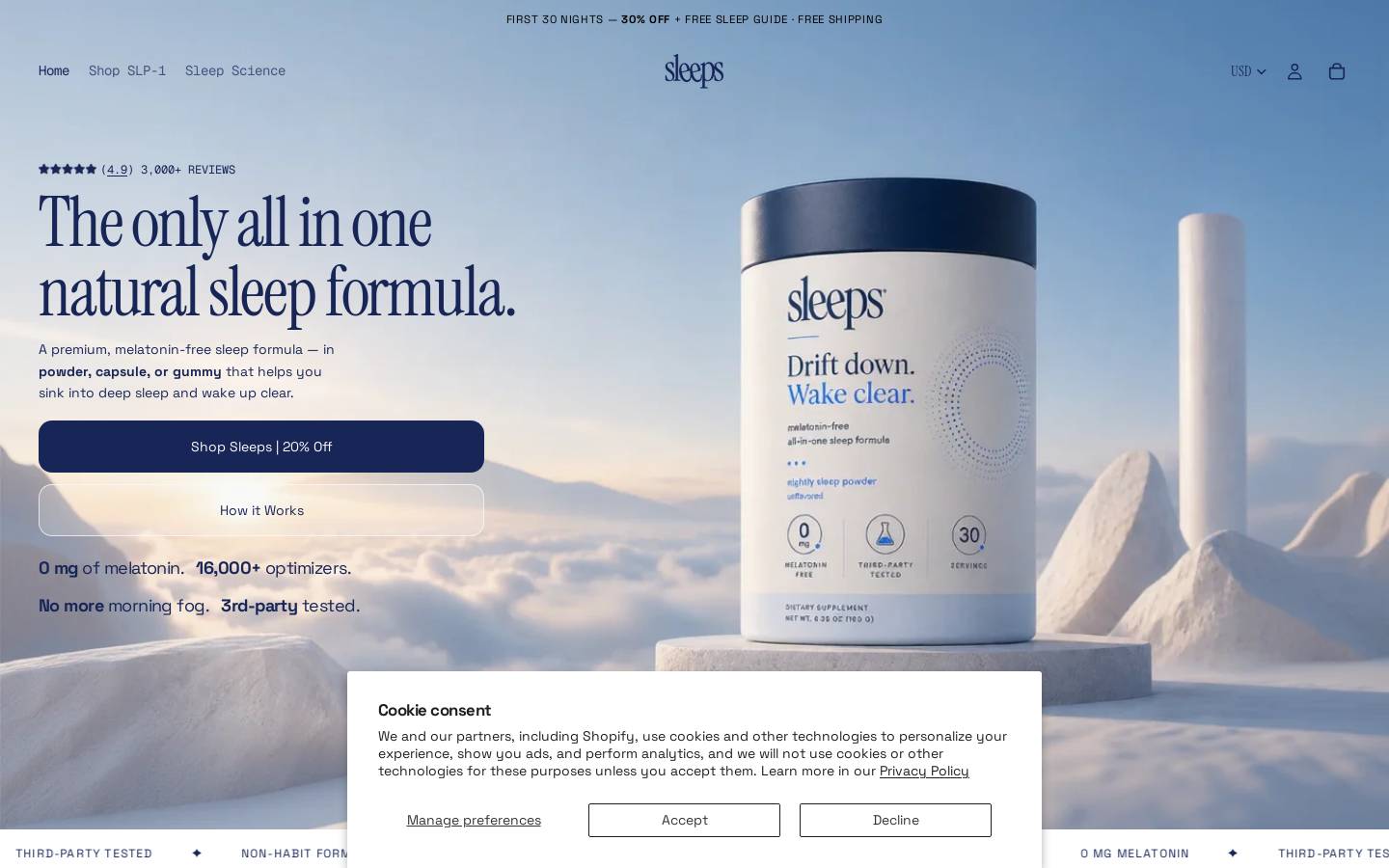 shopsleeps.com homepage screenshot