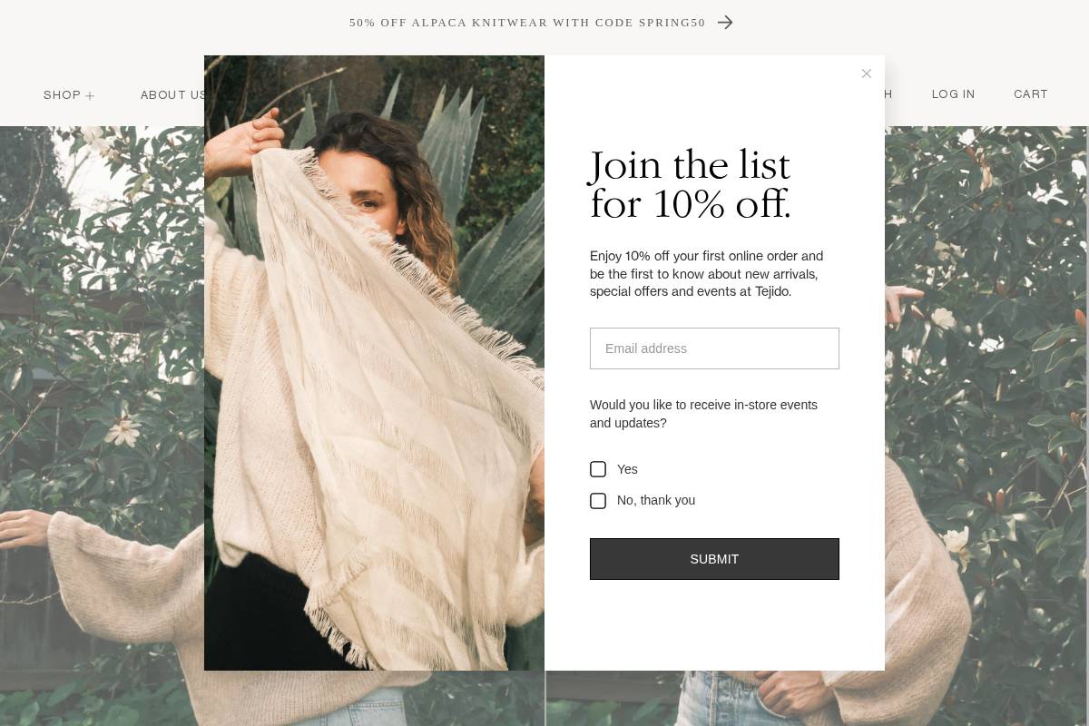 shoptejido.com homepage screenshot