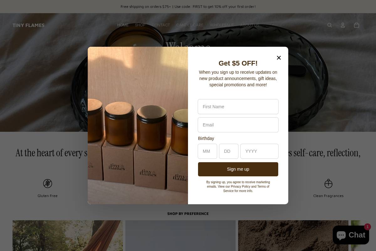shoptinyflames.com homepage screenshot