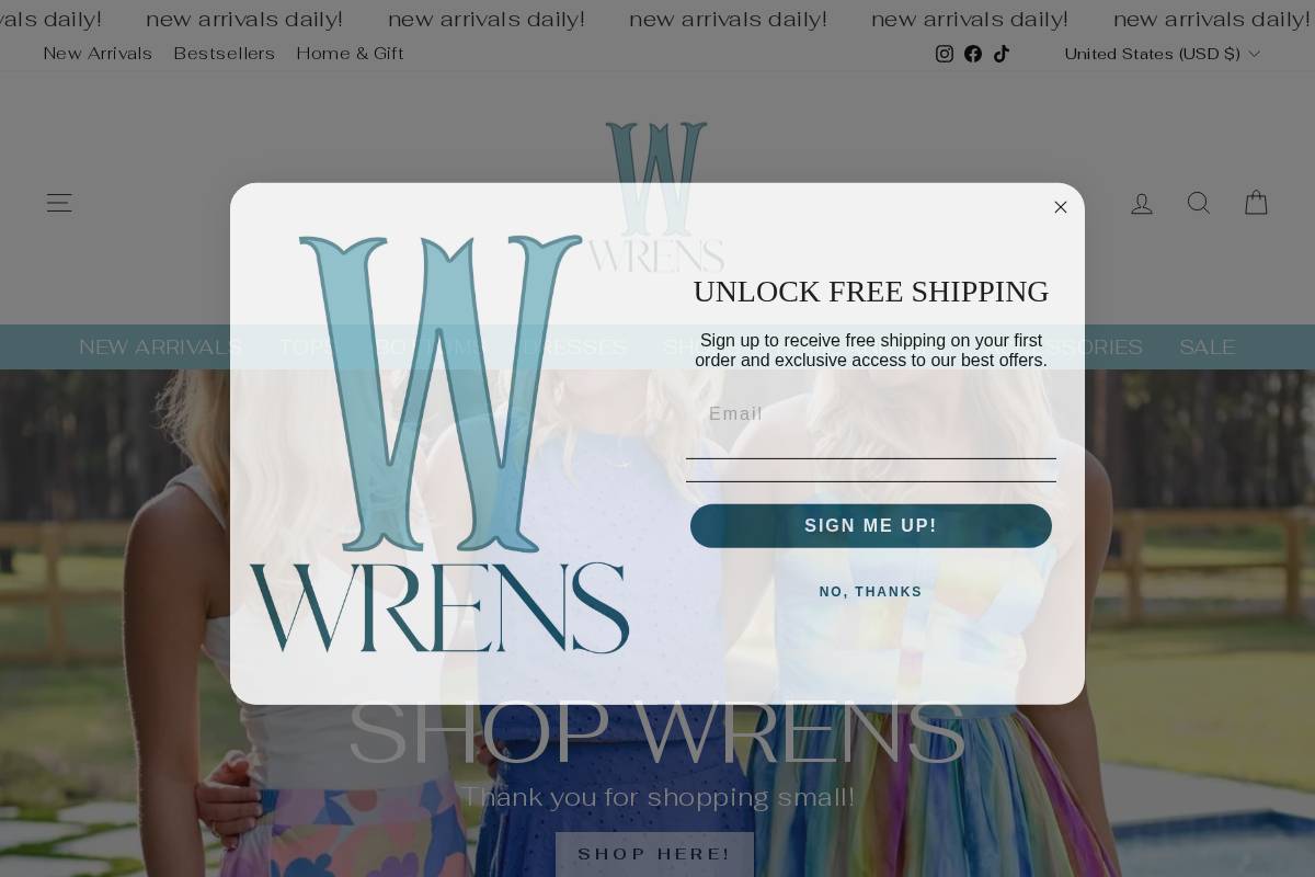 shopwrens.com homepage screenshot