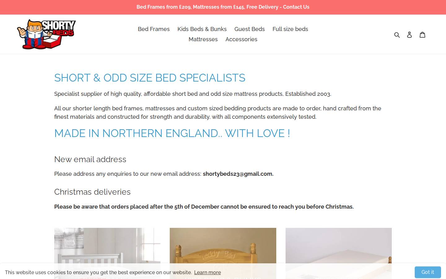shortybeds.co.uk homepage screenshot