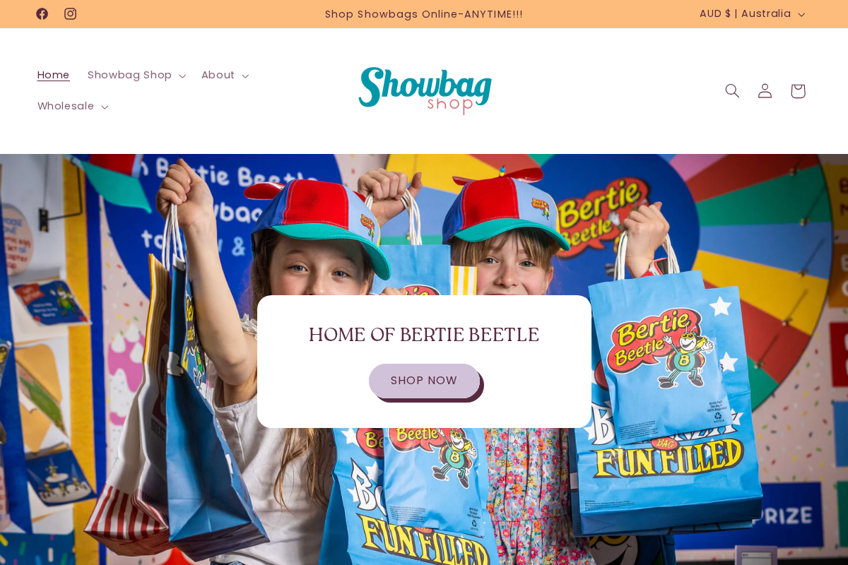 Showbag Shop homepage screenshot