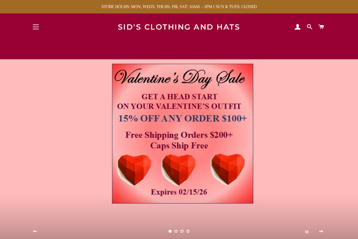 Sid's Clothing and Hats homepage screenshot