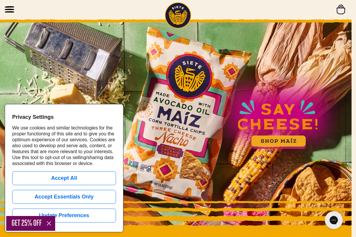 Siete Family Foods homepage screenshot