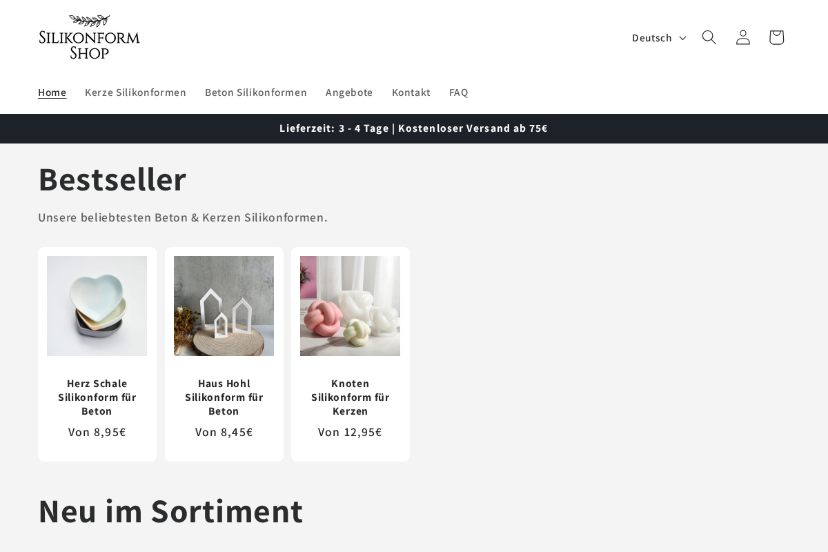 Silikonform Shop homepage screenshot