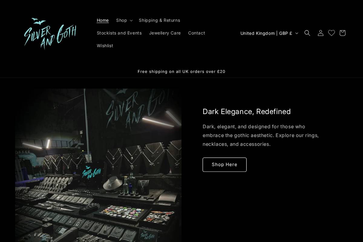 silverandgoth.com homepage screenshot
