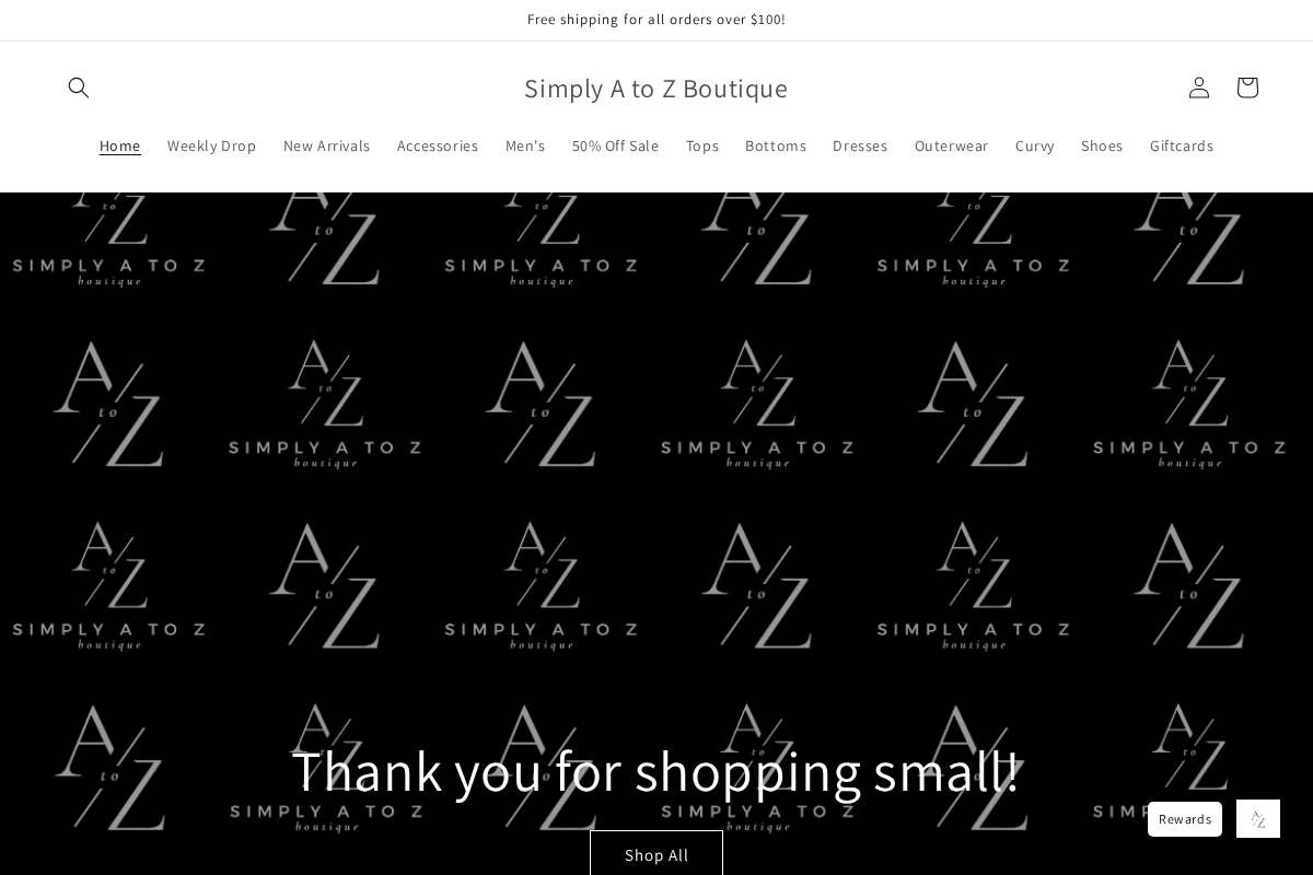 simplyatozboutique.com homepage screenshot