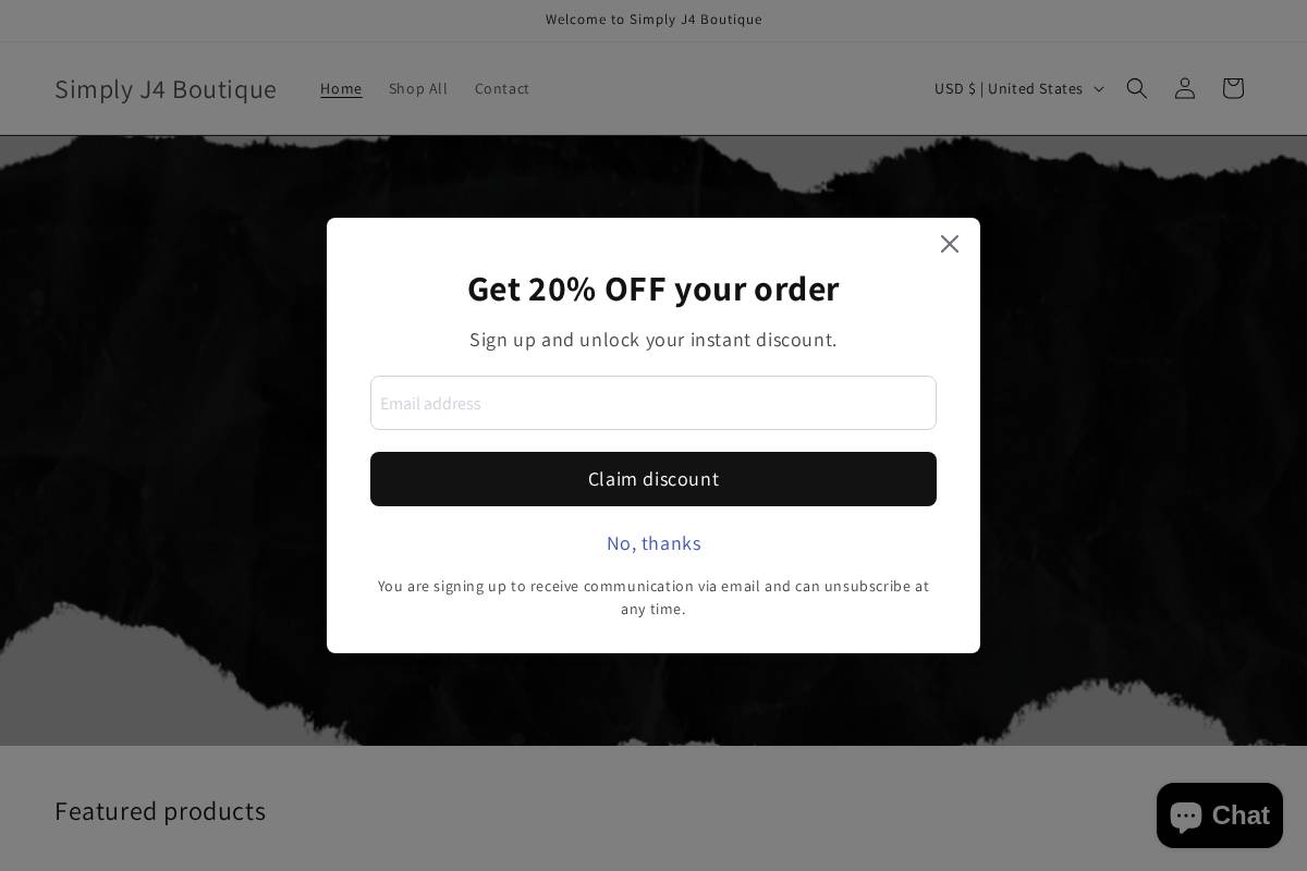 simplyj4boutique.com homepage screenshot