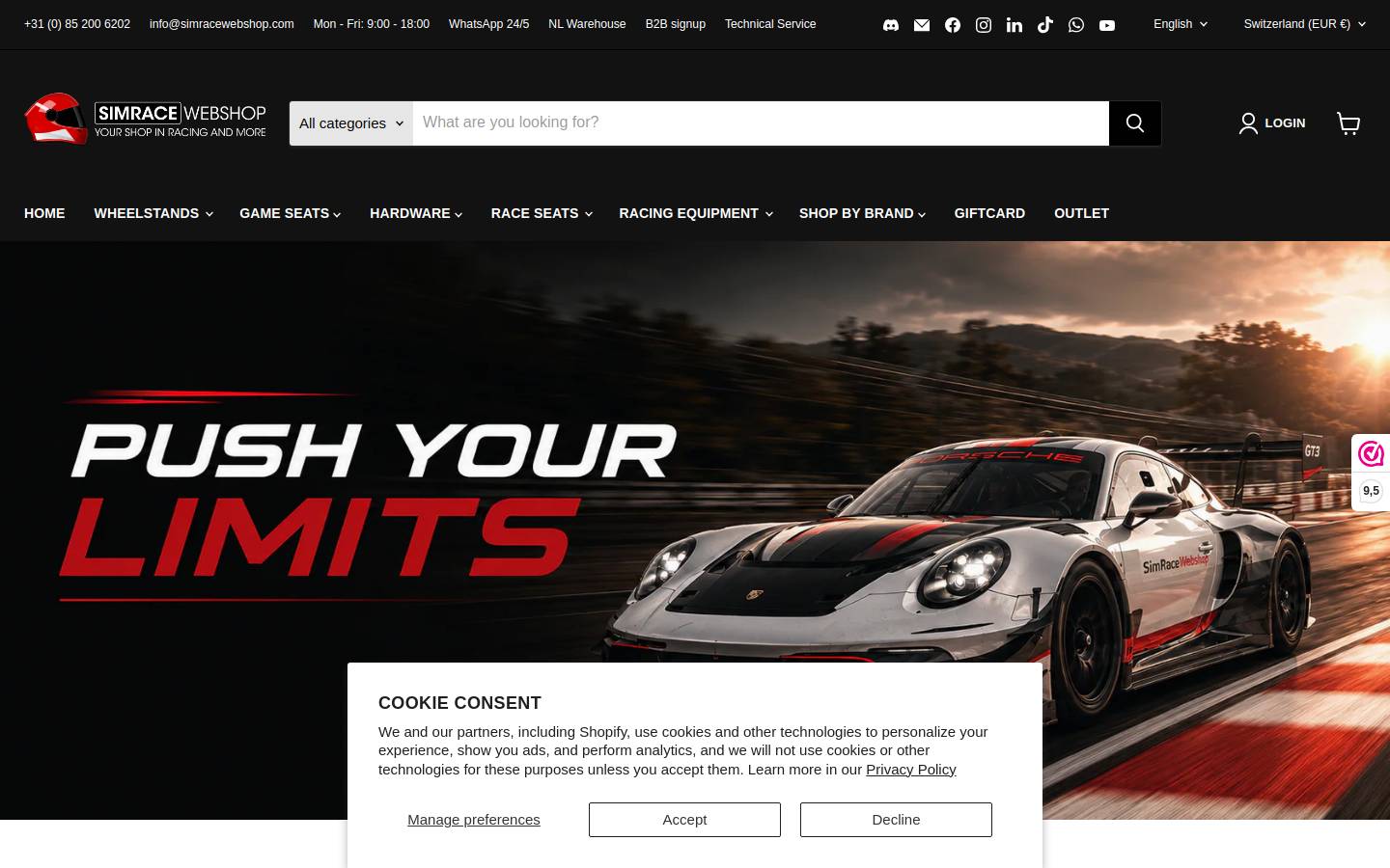 Sim Race Webshop B.V. homepage screenshot