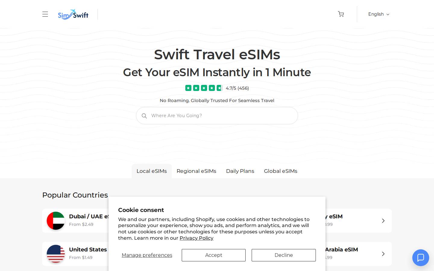 Simswift homepage screenshot