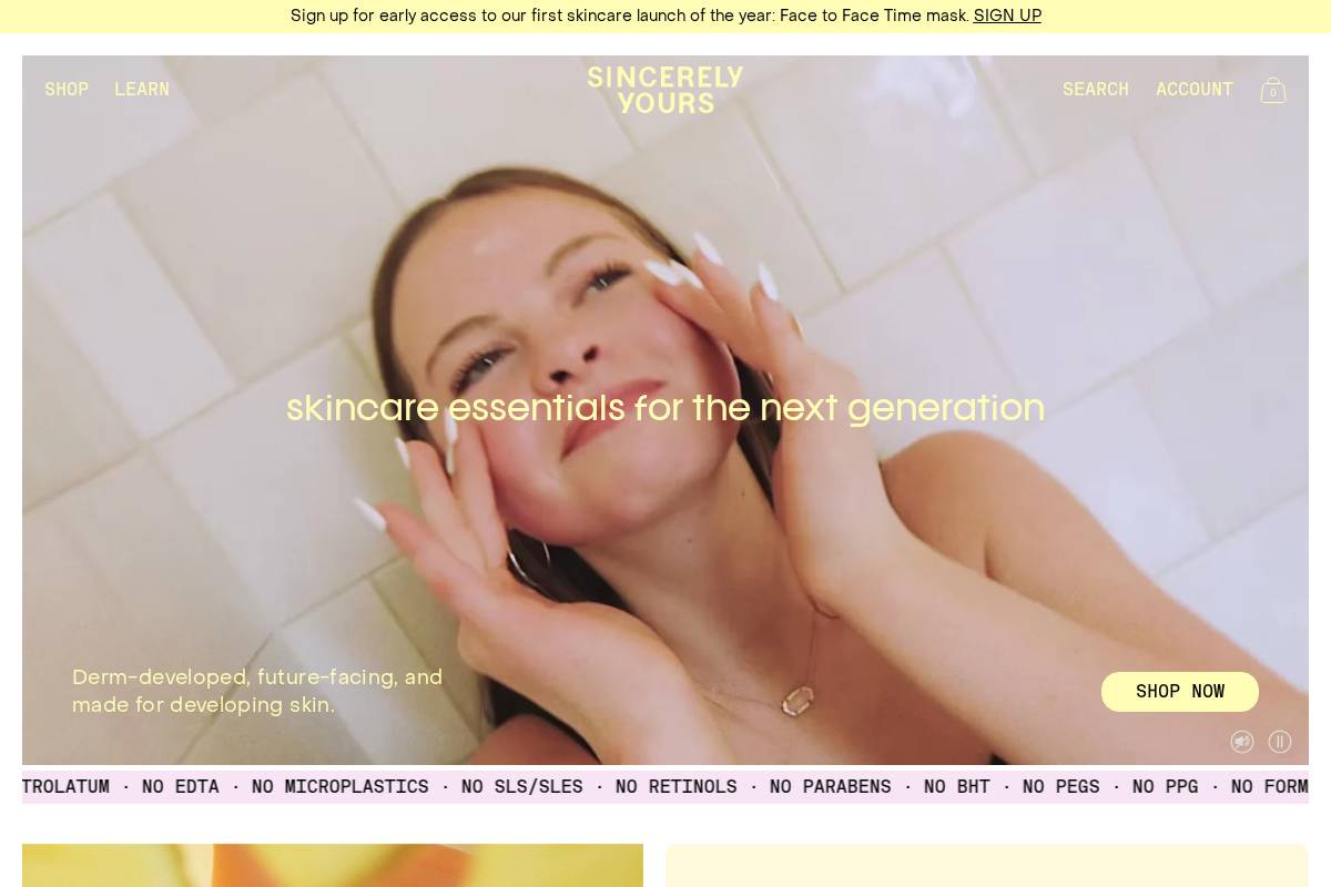 Sincerely Yours homepage screenshot