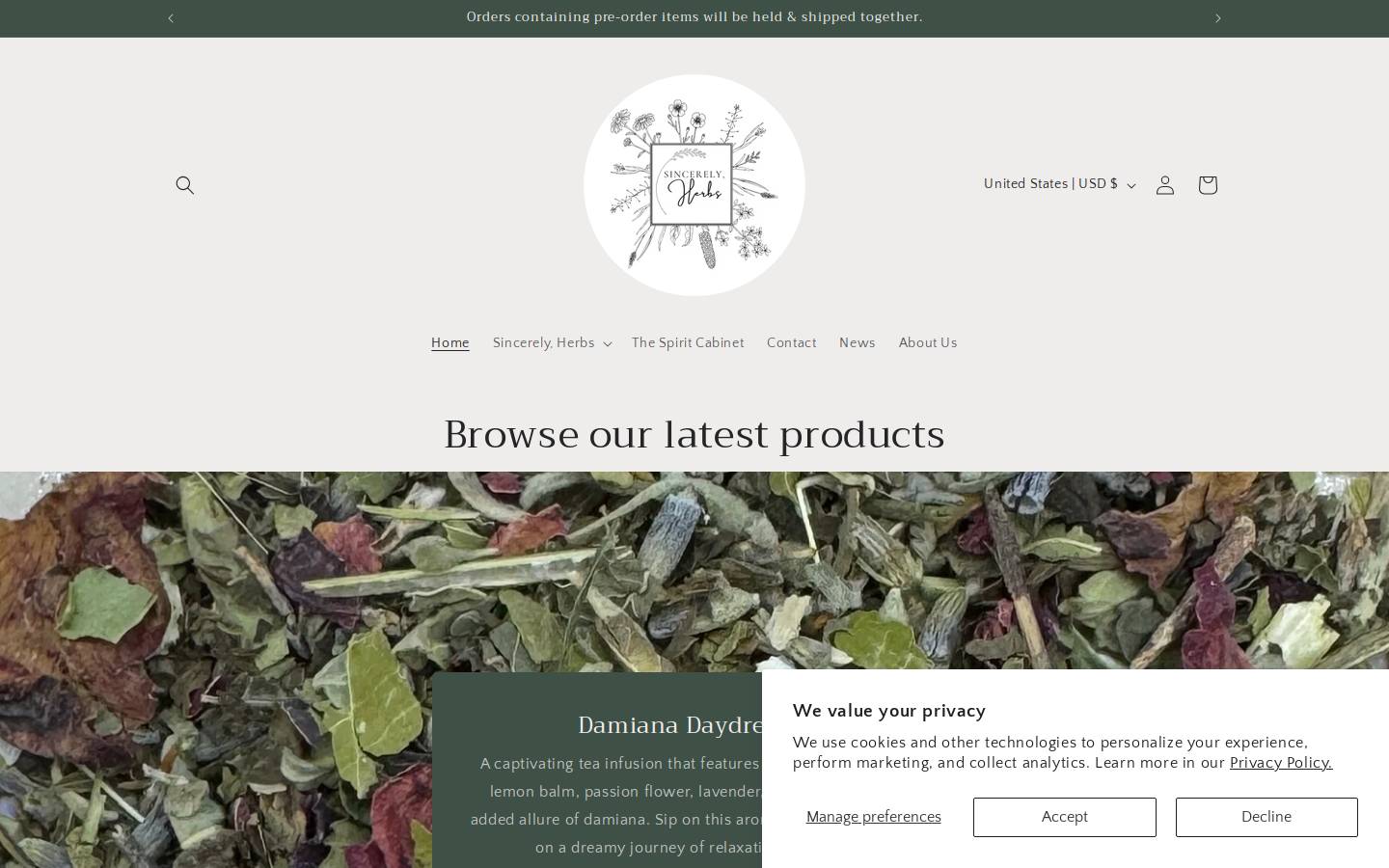 sincerelyherbs.com homepage screenshot