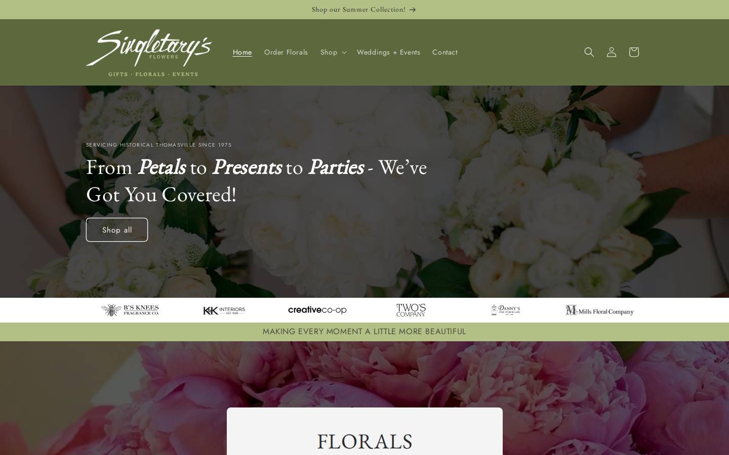 singletarysflowers.com homepage screenshot