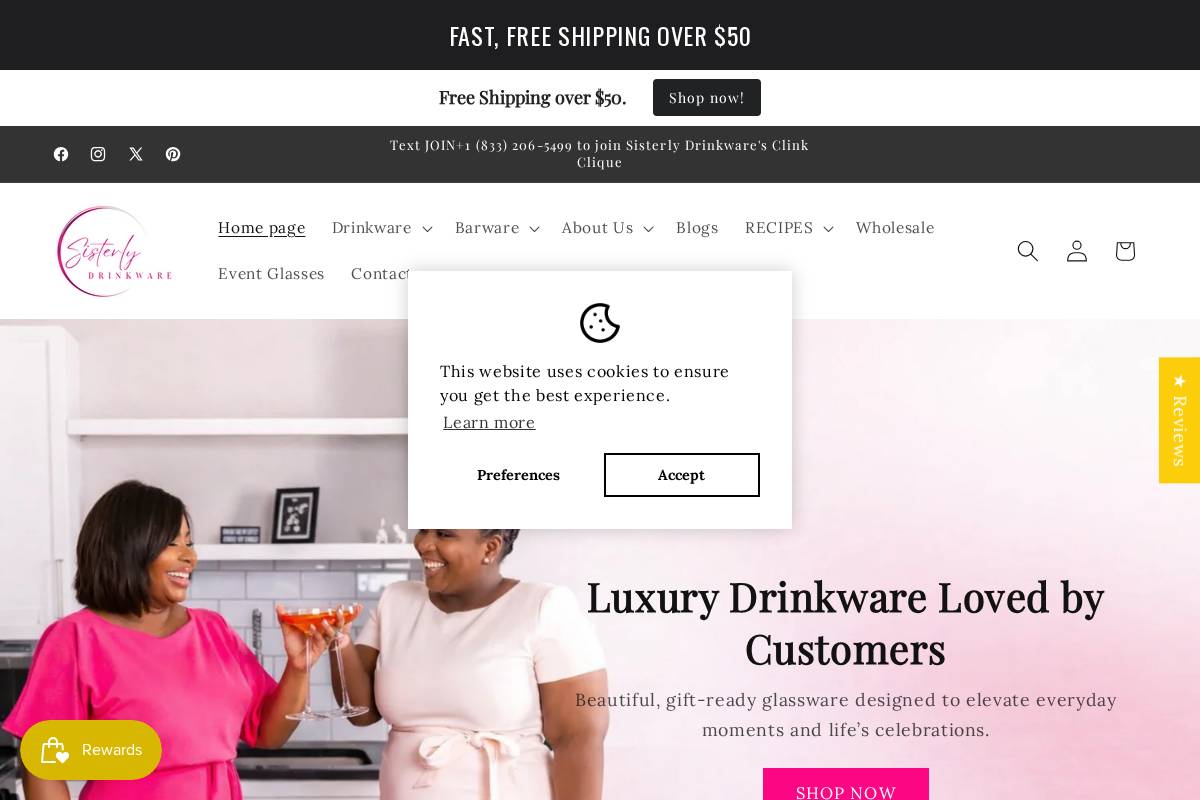 sisterlydrinkware.com homepage screenshot