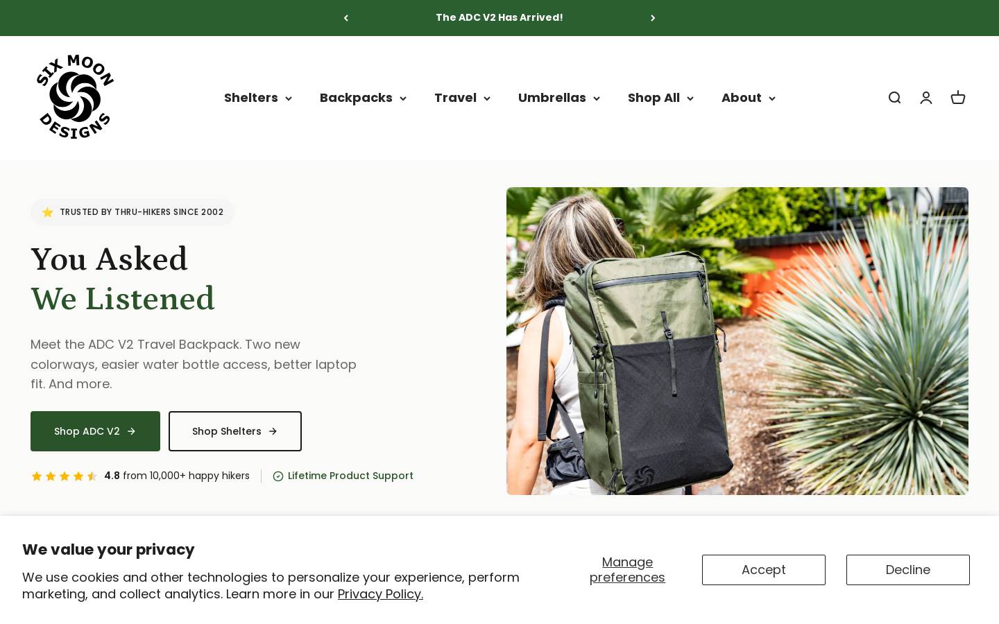 Six Moon Designs homepage screenshot